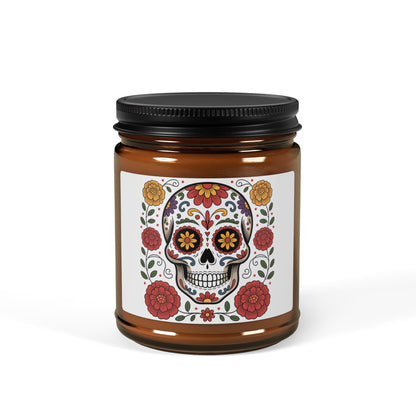 Day of the Dead Scented Soy Candle, Amber Jar, Floral Skull Design, Home Decor, Halloween, Dia de los Muertos