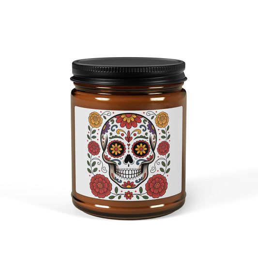 Day of the Dead Scented Soy Candle, Amber Jar, Floral Skull Design, Home Decor, Halloween, Dia de los Muertos