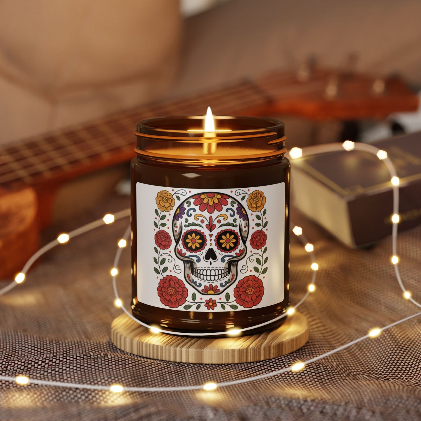 Day of the Dead Scented Soy Candle, Amber Jar, Floral Skull Design, Home Decor, Halloween, Dia de los Muertos