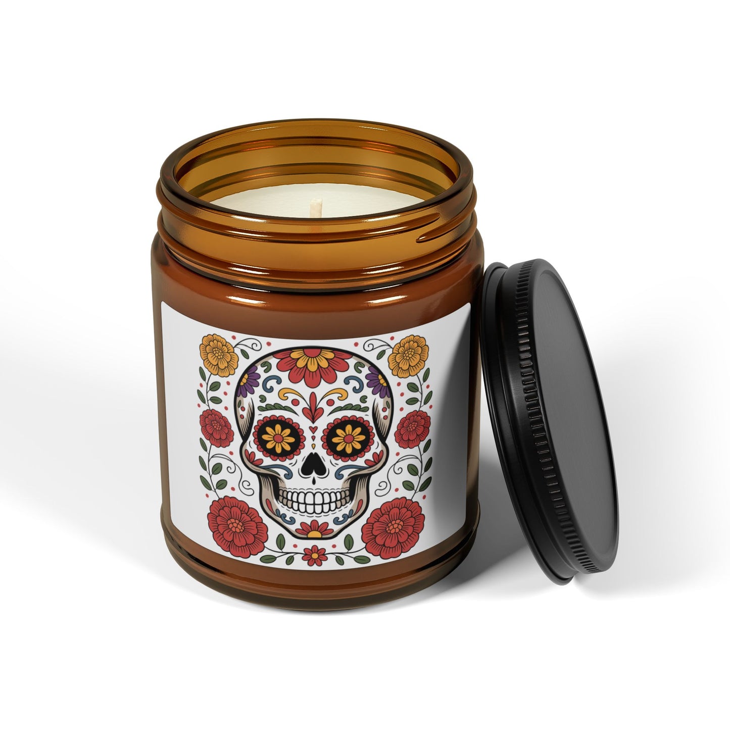 Day of the Dead Scented Soy Candle, Amber Jar, Floral Skull Design, Home Decor, Halloween, Dia de los Muertos